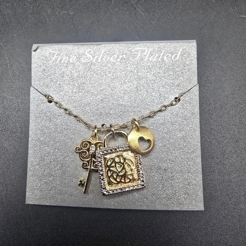Silver Plated Lock and Key Charm Necklace 18 Inch Chain On Card PAJ BB